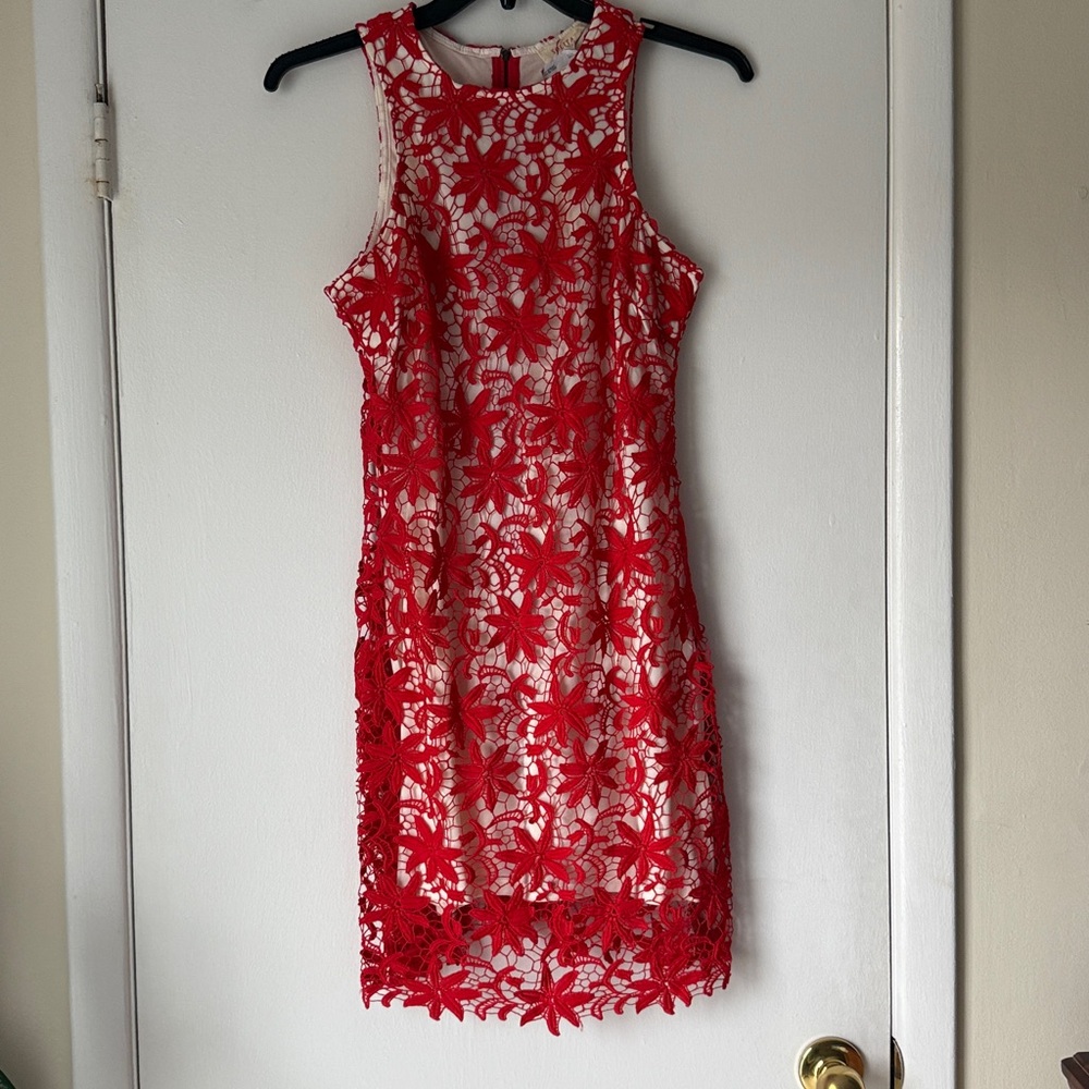 Solitaire Midi Dress maxi skirt Women  red lace with white underlay brand nwt